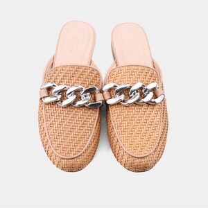 Shu Shop Tan Woven Slip-On Loafers with Silver Chain